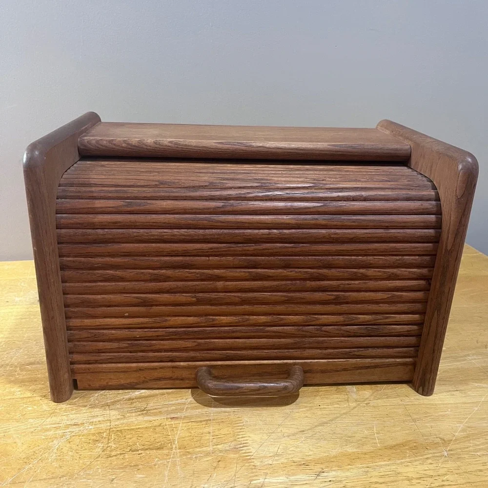 Vtg Mid Century Modern Oak Wood Roll Top‎ Bread Box Kitchen Countertop Storage